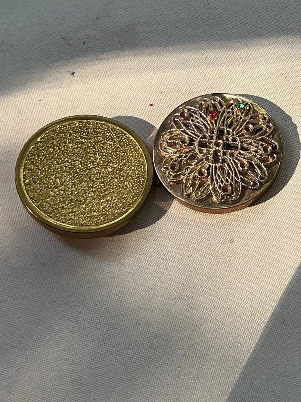 Gold-Tone Filigree Round Trinket Box with Colored Accents